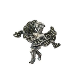JUDITH JACK Vintage Sterling Silver Marcasite Angel Cherub Brooch Romantic